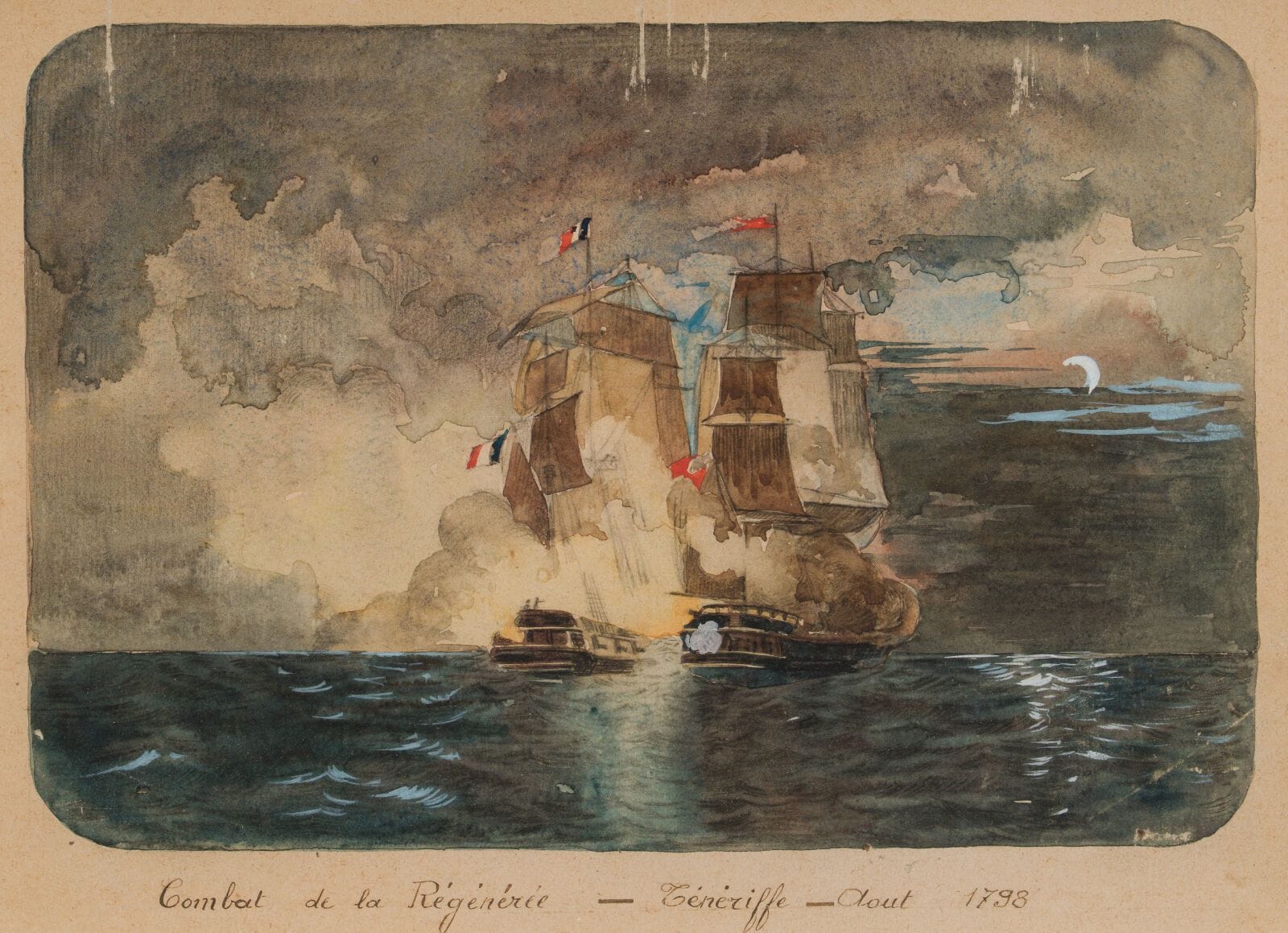 19th-Century French School
"Battle of La Régénerée, Tenerife, August 1798"
Watercolor
Dimensions (view): 23 x 32 cm.