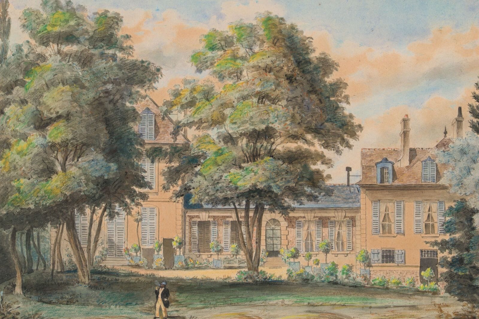 19th-Century French School
"Figure in Front of a House"
Watercolor.