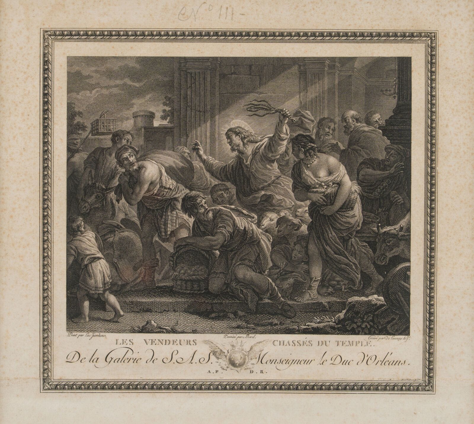 After Luca GIORDANO (1634–1705)
"The Merchants Driven from the Temple"
Black-and-white engraving
18th century 
26 x 28 cm. 
(Pinholes)

Also included is an engraving after THENOT, “Bourgeois Residence”
View size: 23 x 35 cm.