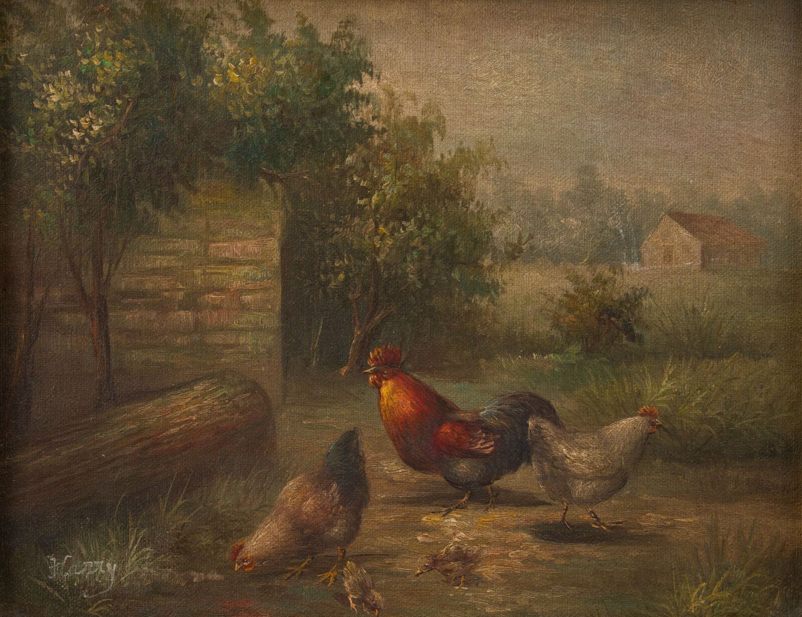20th-Century School 
"Three Hens"
Oil on panel, signed "Harry" in the lower left corner
19 x 24 cm.