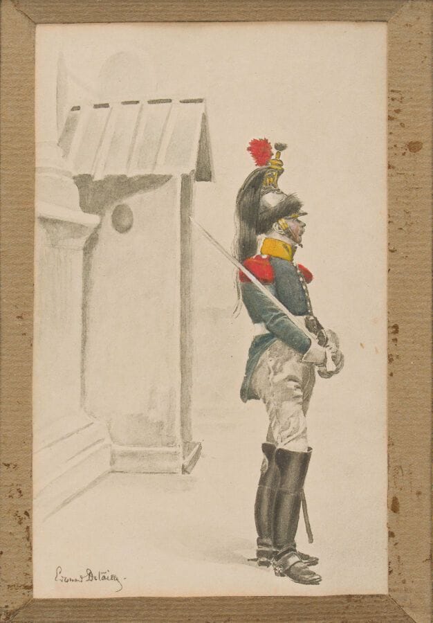 Édouard DETAILLE (1848–1912)
"Republican Guard in Front of His Guardhouse"
Watercolor signed lower left
15 x 9 cm.