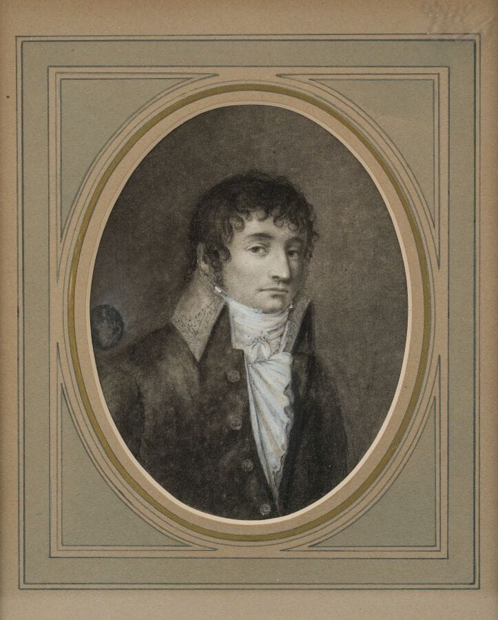 Early 19th-century French School
Circle of F. L. HARRIET (1778–1805)
"Portrait of a Man with a White Cravat"
Blended charcoal, highlights in white, trace of a signature 
21 x 16 cm. 
(Formerly attributed to J.L. DAVID)
