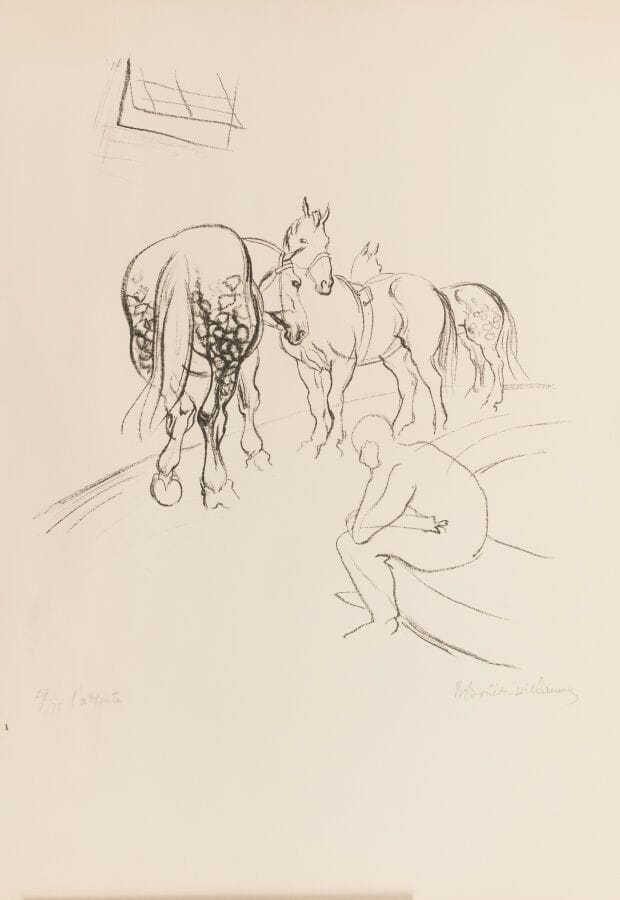 René BOUET-WILLAUMEZ (1900–1979)
Set of three prints comprising: 
-"The Acrobats"
Etching
Print no. 21/85, signed lower right 
Dimensions of the plate: 54 x 43 cm.

- "L'attente"
Lithograph 
Print no. 29/75, signed lower right 
Dimensions: 66 x 50 cm.

- "The Lawn at Longchamp"
Etching dated 1930
Print no. 24/65, signed lower right 
Dimensions: 30 x 52 cm.