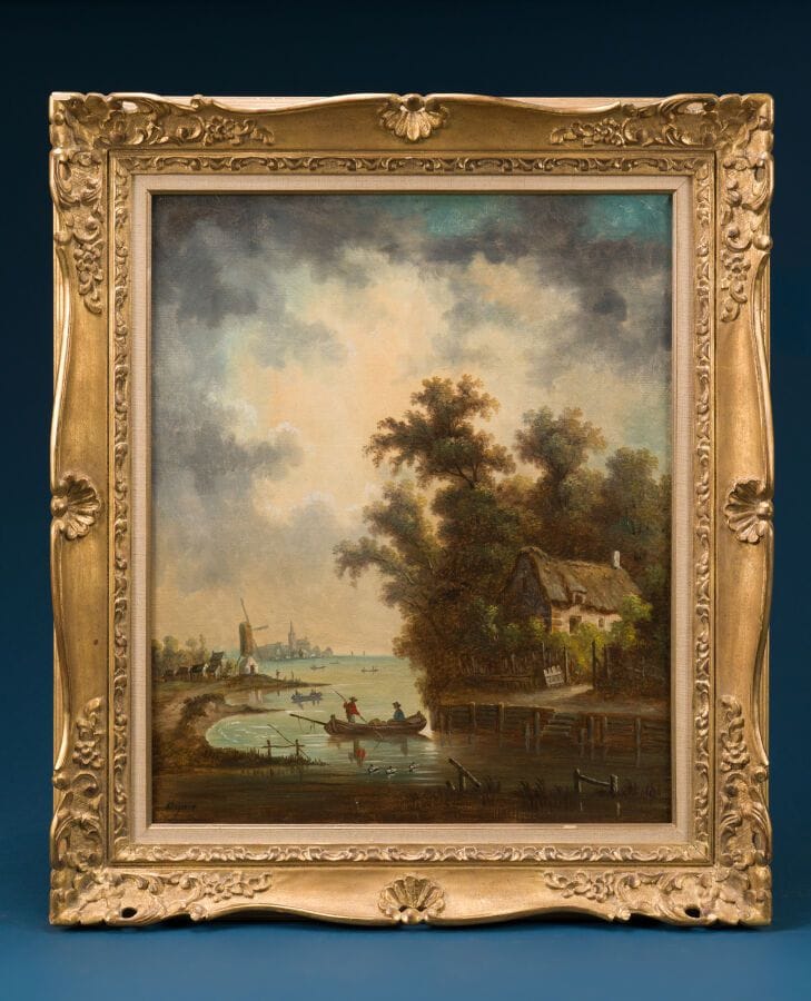19th-Century Dutch School
"Fishermen and a Thatched Cottage"
Oil on canvas  
63 x 53 cm.