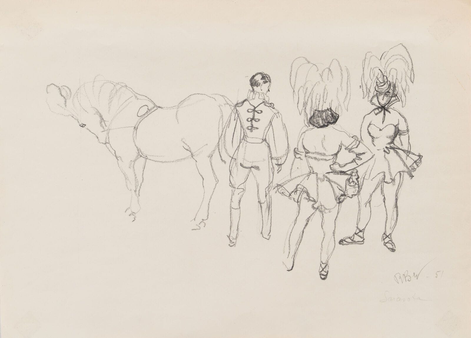 René BOUET-WILLAUMEZ (1900–1979)
"The Squires"
Charcoal 
Monogrammed in the lower right corner and dated 51
Dimensions: 32 x 42 cm.