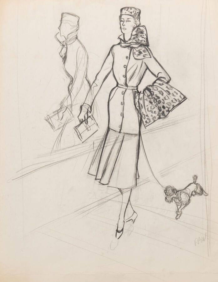 René BOUET-WILLAUMEZ (1900–1979) 
"Elegant with Her Dog"
Charcoal and pencil 
Monogrammed in the lower right corner 
48.5 x 35 cm.