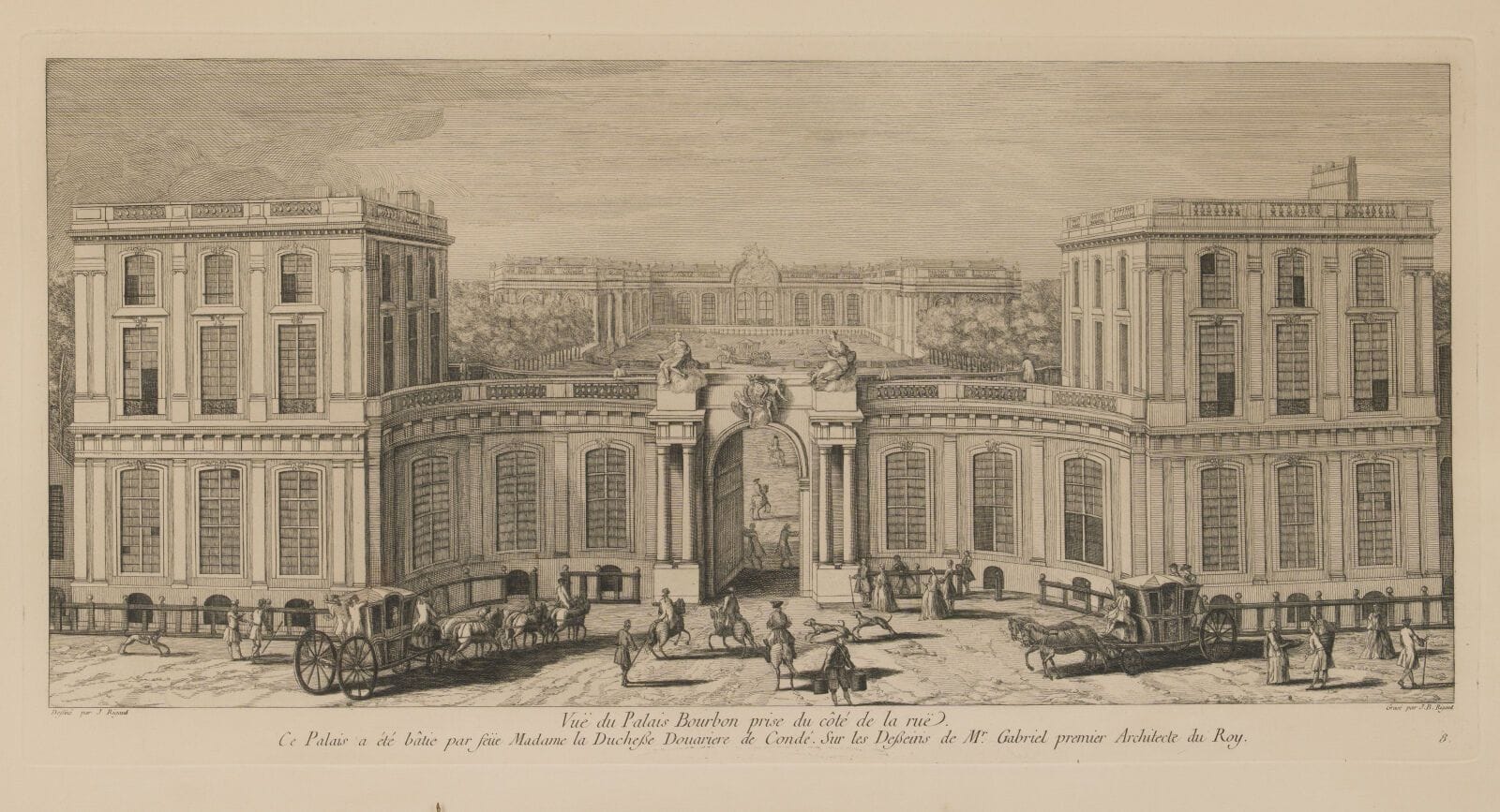 After Jacques RIGAUD (1671–1754)
"View of the Palais Bourbon"
Black-and-white engraving.
47.5 x 24.5 cm.