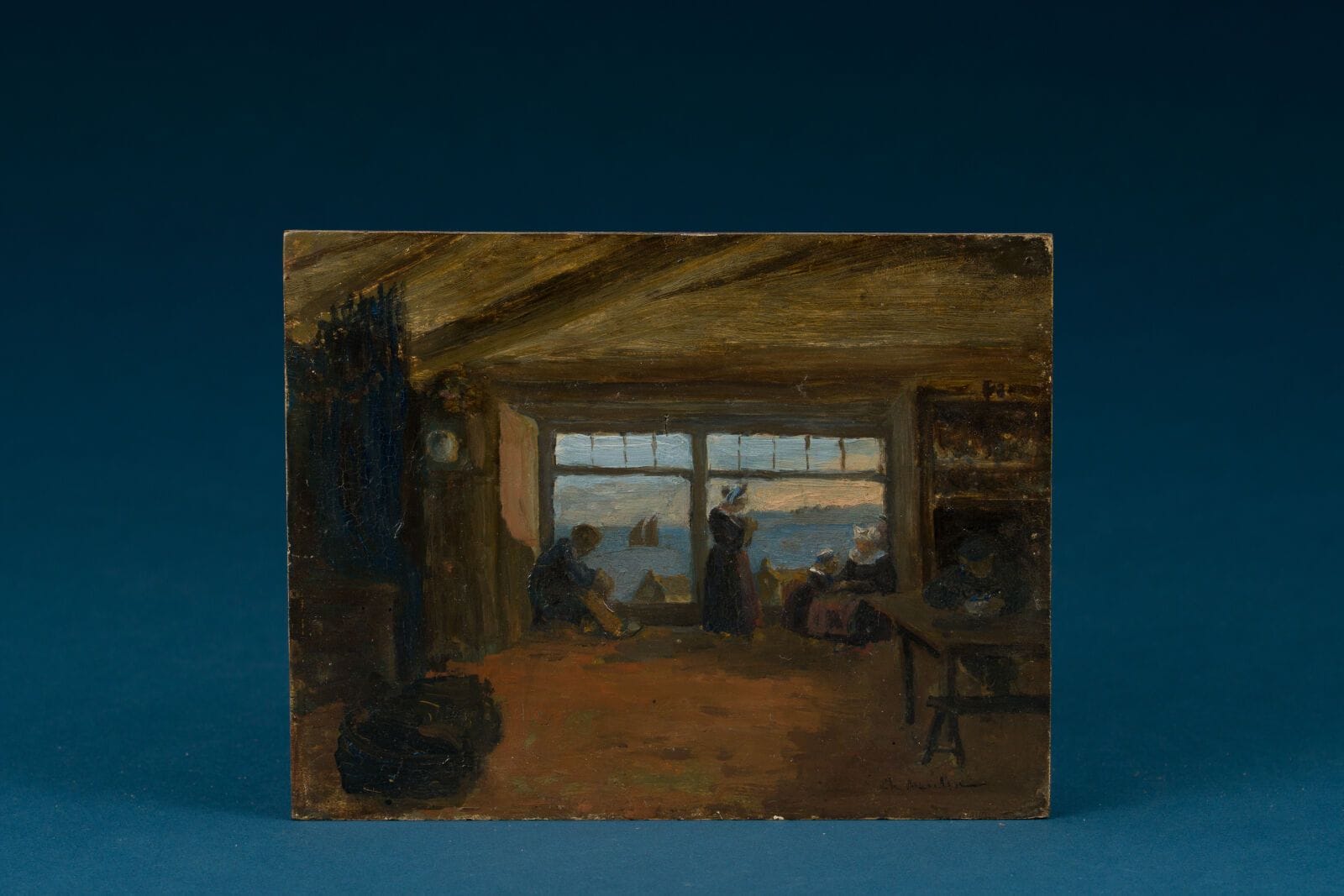 20th-Century French School
"Fishermen in an Interior"
Oil on panel, signed lower right CH. MOULIN (?).
14 x 18 cm.