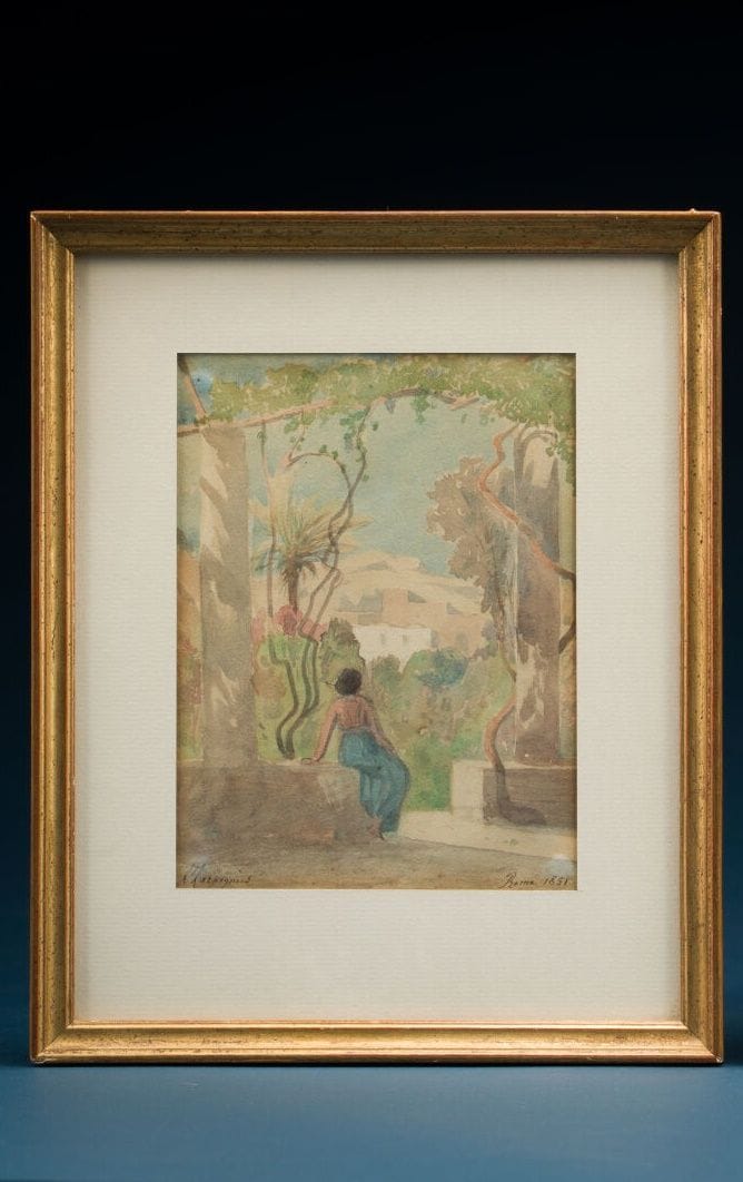 Henri Joseph HARPIGNIES (1819–1916)
"Woman in the Garden" 
Watercolor signed lower left, located in Rome, and dated 1851
14 x 10 cm.