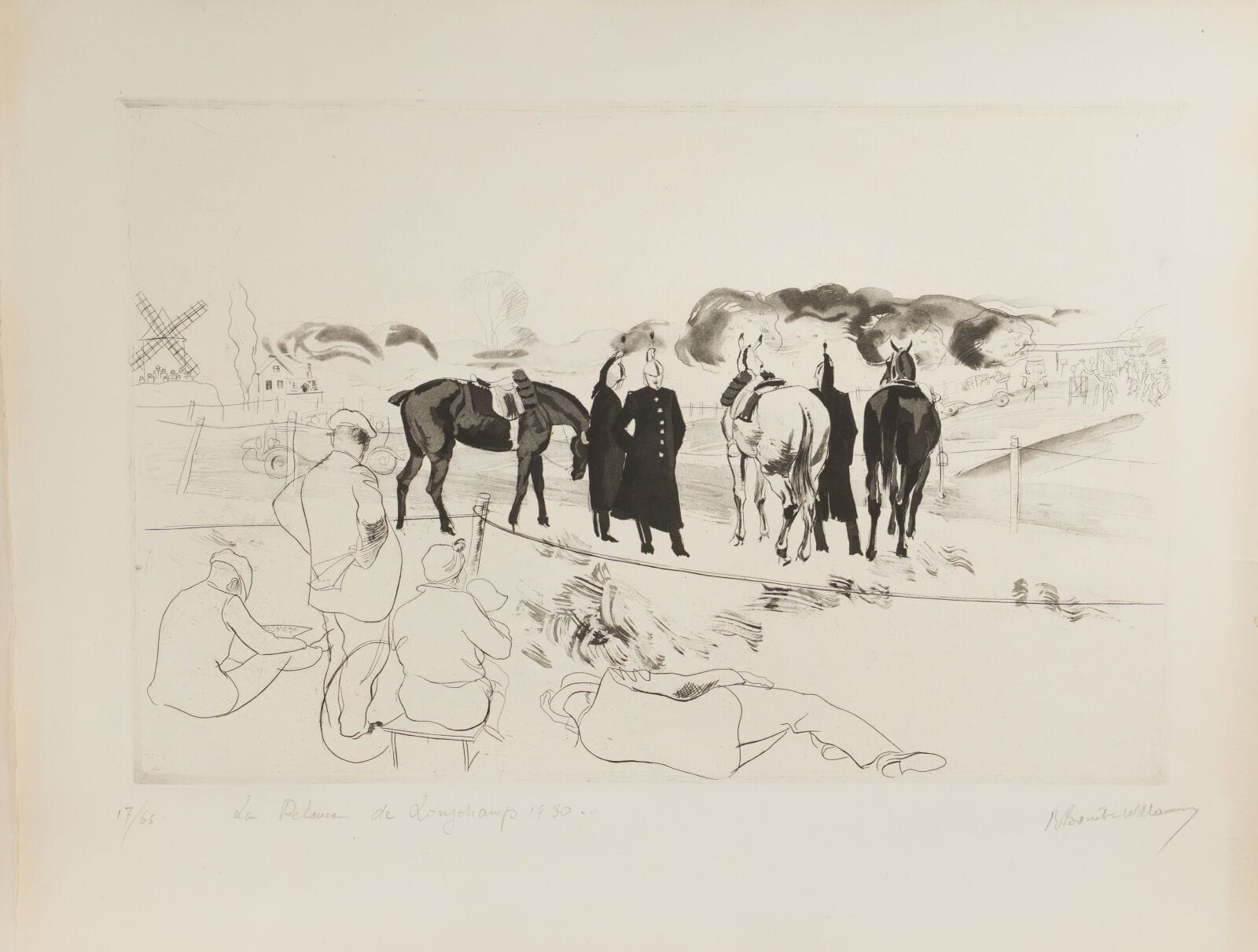 René BOUET-WILLAUMEZ (1900–1979)
Set of four prints comprising: 
-"The Acrobats"
Etching
Print no. 18/85, signed lower right 
Plate dimensions: 54 x 43 cm.

- “The Wait”
Lithograph 
Print no. 35/75, signed lower right 
Dimensions: 66 x 50 cm.

- "Deux chevaux"
Lithograph, E.A., signed lower right 
Dimensions: 56 x 75 cm.

- "The Lawn at Longchamp"
Etching dated 1930
Edition 17/65, signed lower right 
Dimensions: 30 x 52 cm.