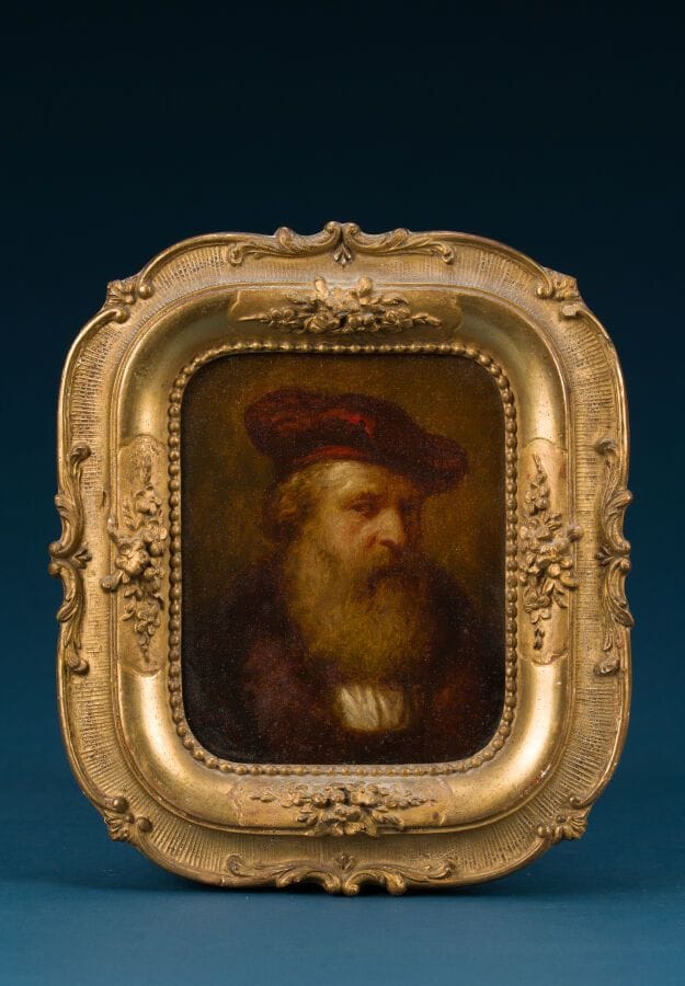 French School, in the style of the 17th-century Dutch School
"Portrait of a Bearded Man in a Red Cap"
Oil on panel
16 x 14 cm.
