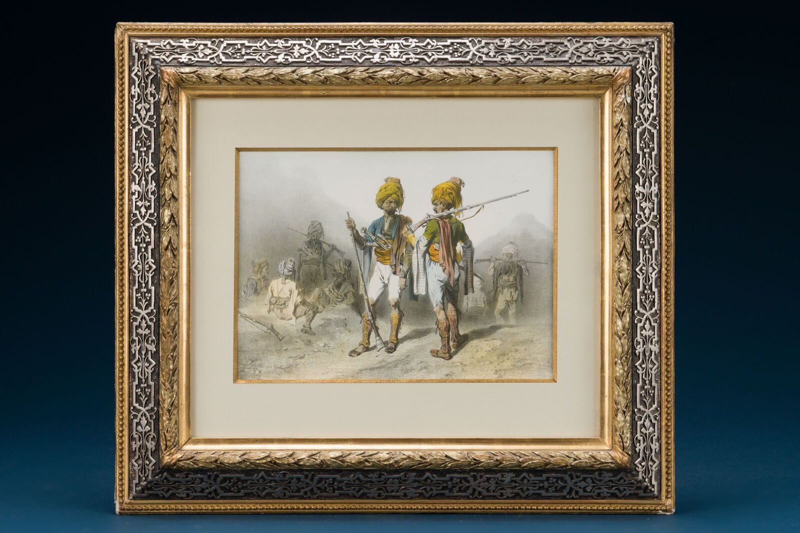 19th-Century School 
"Infantrymen of North Africa"
Color engraving
Dimensions: 23 x 32 cm.