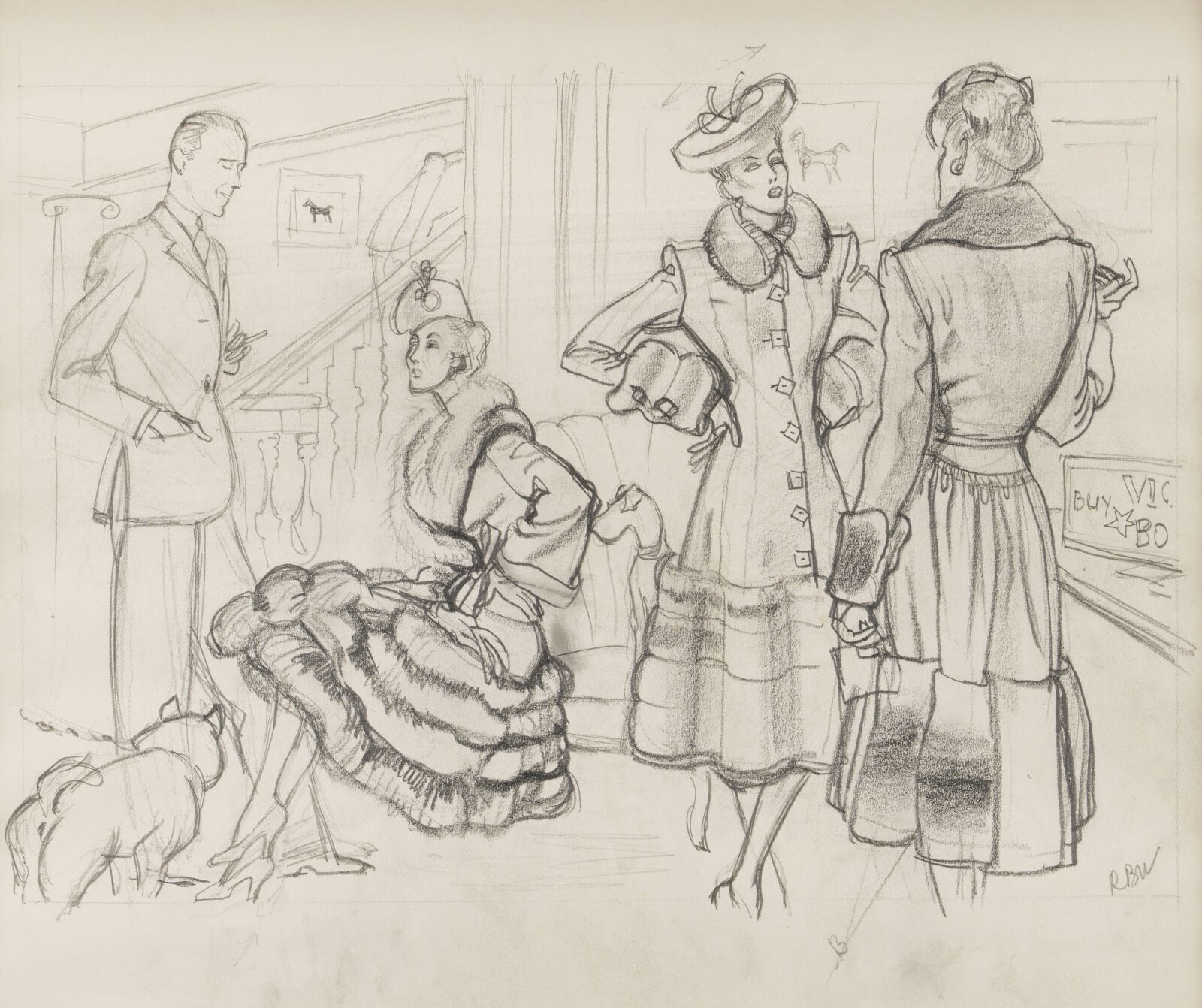 René BOUET-WILLAUMEZ (1900–1979)
"Interior Scene" and "Three Women"
Two graphite drawings
Monogrammed in the lower right corner
Dimensions (viewing area): 30.5 x 37 cm. - 36 x 29 cm. - 37 x 31 cm.