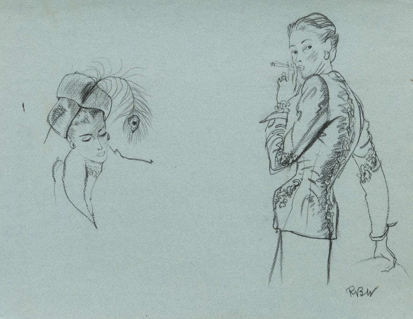 René BOUET-WILLAUMEZ (1900–1979)
"Woman with a Cigarette Holder" and "Study of a Hat"
Studies on blue paper 
Charcoal  
Monogrammed lower right 
30 x 38 cm.