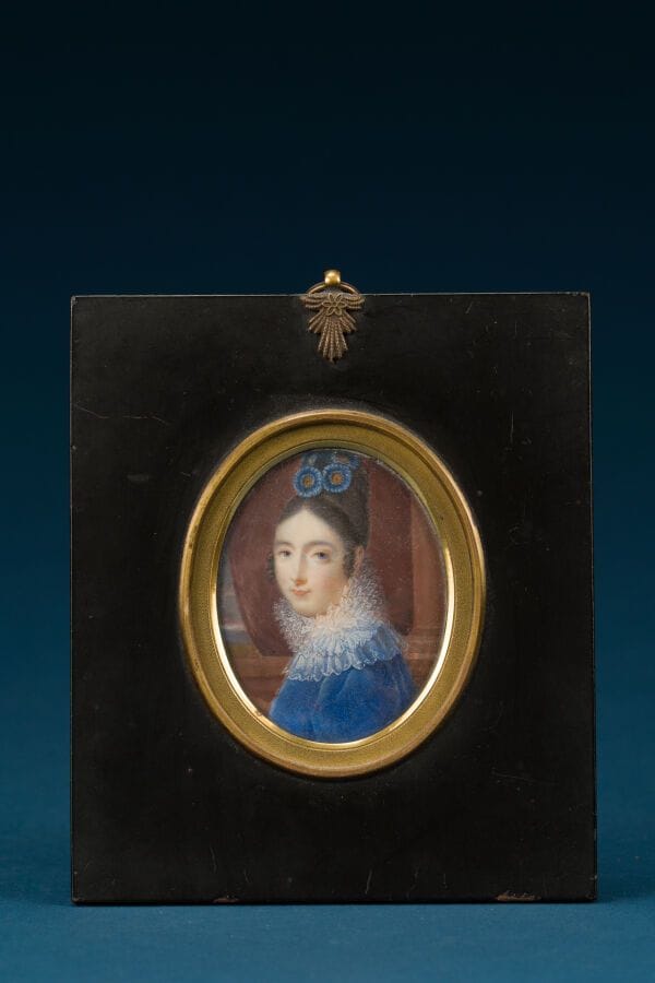 French School, ca. 1830
"Woman in a Blue Dress"
Oval miniature
7 x 5 cm.