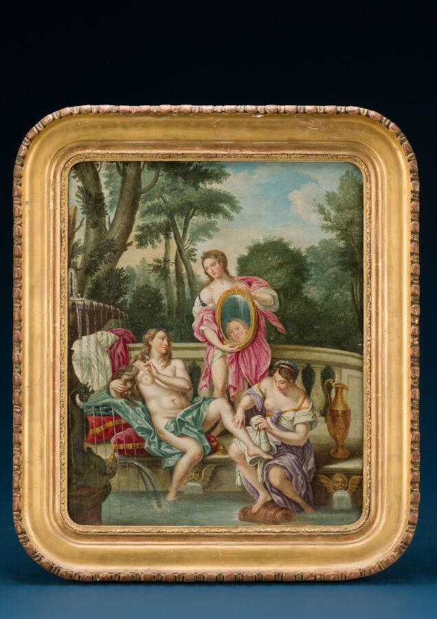 French School, in the 17th-century style 
"Woman and Two Maids Bathing"
Oil on canvas
45 x 37 cm.