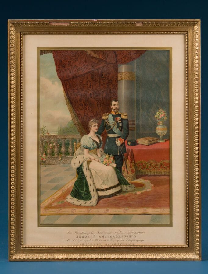 Early 20th-Century Russian School 
"Nicholas II of Russia and Alix of Hesse-Darmstadt"
Color engraving
65 x 50 cm.