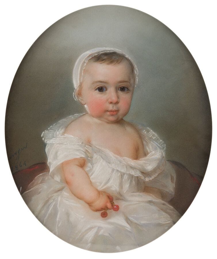 19th-Century French School
"Child Holding a Cluster of Cherries"
Oval pastel, trace of a signature on the left and dated 1864
Height: 52 cm.