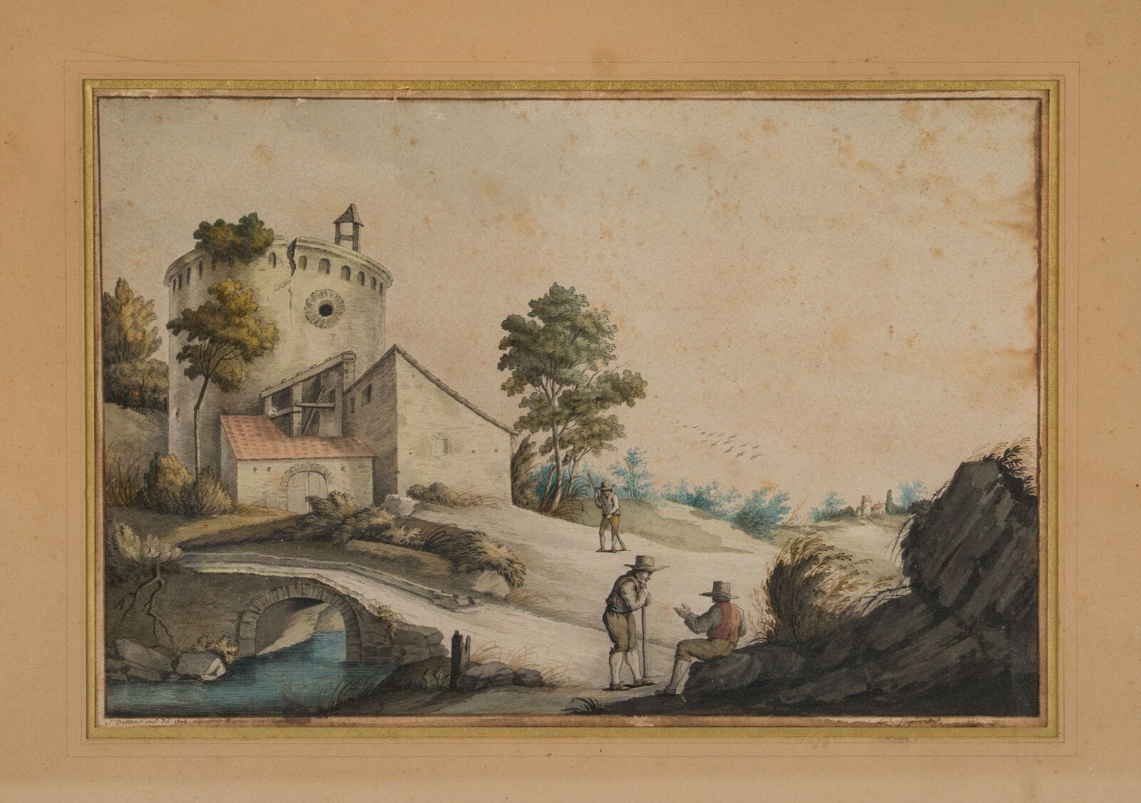 19th-Century School 
"Lively Landscape with a Bridge"
Watercolor signed lower left "J. DE MONTEVIOT" (?)
18 x 27 cm.