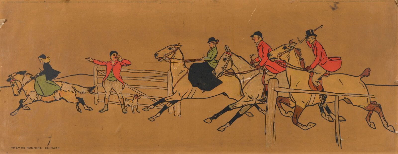 According to K. WAGNER, early 20th century
"Hound Hunt"
Two color lithographs, mounted on cardboard 
28 x 71 cm. 
(damage along the edges)