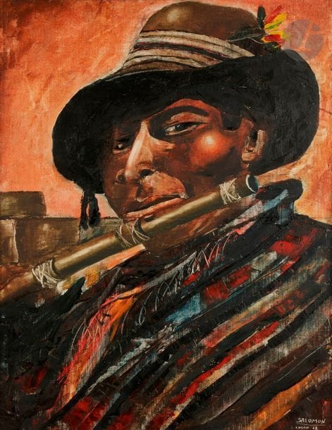 Amilcar SALOMON ZORRILLA (XX-XXIe siècle)
Le Quechua à la flûte, 1968
Huile sur isorel.
Signée et datée en bas à droite.
69 x 53 cm