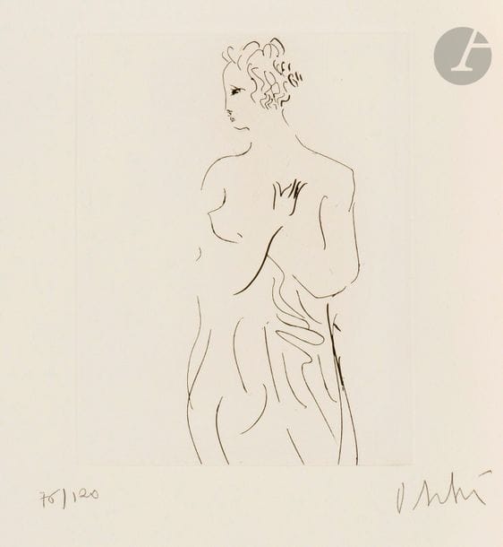 Olivier DEBRÉ (1920-1999)
Femme à la draperie, vers 1950
 Eau-forte. 
Traces de plis souples aux bords du feuillet et petites salissures (traces de doigts) 
15.8 x 19.5cm
Pernoud non décrit. Réunion de 2 très belles épreuves sur vélin, numérotées et signées au crayon. Tirage à 120 épreuves.