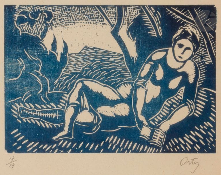 Manuel ORTIZ DE ZARATE (1886-1946)
Femme nue lisant sous un arbre, vers 1940.
Gravure sur linoléum.
Signée et numérotée sur 24.
(Plis).
18 x 24 cm