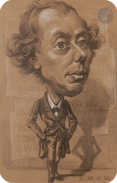 Étienne CARJAT (1828 - 1906)
Caricature de Sainte-Foy, 1860
Fusain et craie blanche.
Signé et daté en bas à droite.
41 x 38 cm