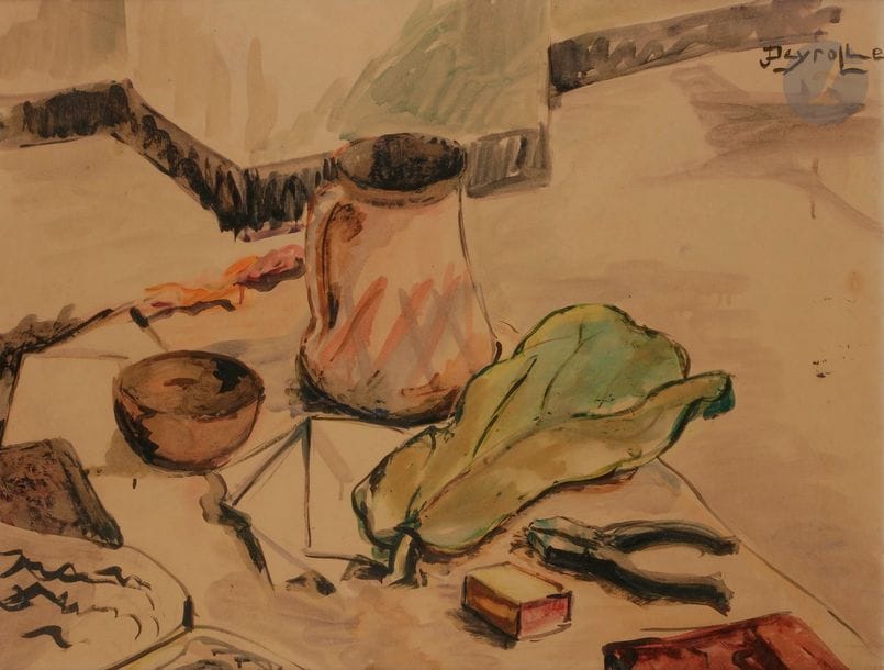 Jean DEYROLLE (1911-1967)
Nature morte
Aquarelle.
Signée en haut à droite.
47.5 x 63 cm