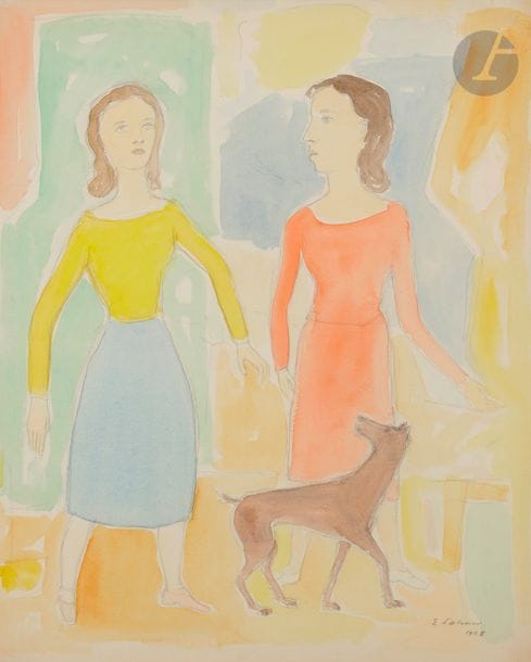 Émile LAHNER (1893-1980)
Femmes et chien, 1928
Crayon et aquarelle.
Signé et daté en bas à droite.
61 x 47 cm