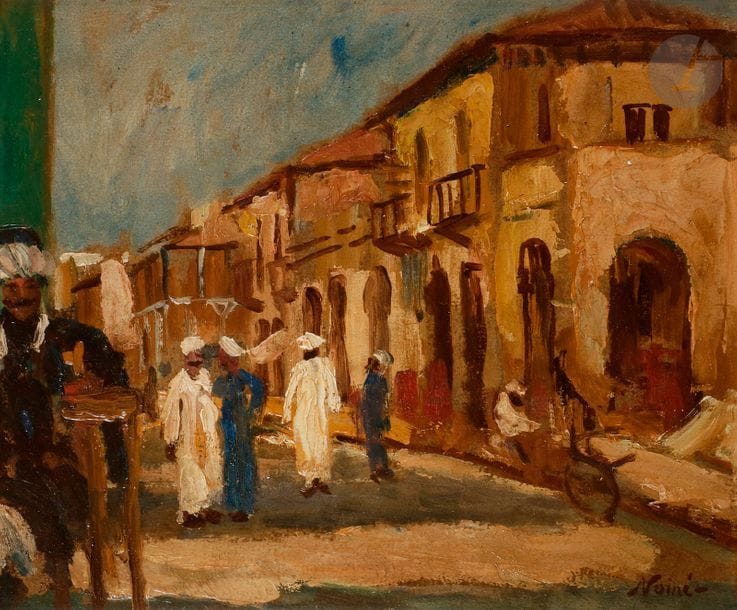 Maxime NOIRÉ (1861-1927)
Algérie, rue animée
Huile sur carton.
Signée en bas à droite.
22 x 27 cm