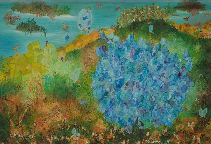 IRACEMA (1924-2006)
La Folie de dieu, 1974
Huile sur toile.
Signée et datée en bas à droite.
Signée, datée et titrée au dos.
38 x 55 cm

Provenance :
Galerie Séraphine, Paris (étiquette au dos).