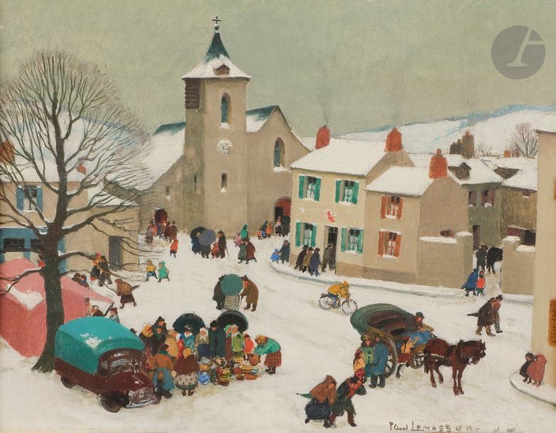 Paul LEMASSON (1897-1971)
Le Marché sous la neige
Huile sur isorel.
Signée en bas à droite.
19 x 23.5 cm