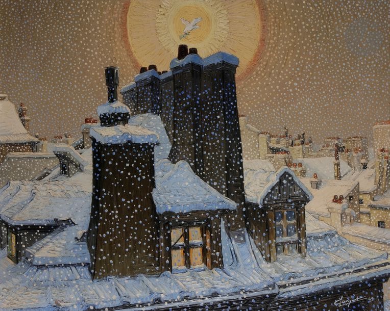 Claire CARPOT (1901-1992)
Noël, 1949
Huile sur toile.
Signée et datée en bas à droite.
Signée et titrée au dos.
65 x 81 cm

Exposition :
Galerie Beaux-arts, Exposition du prix Hallmark de peinture, section française au profit de la Croix rouge française.
21 juin - 23 juillet 1949 (étiquette au dos).