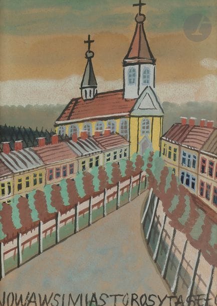 Krynicki NIKIFOR [polonais] (1895-1966)
Allée d’arbres et église
Gouache.
Annotée en pied.
20 x 14 cm