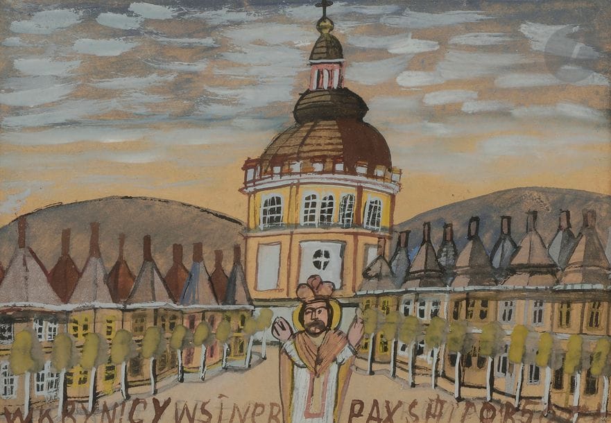 Krynicki NIKIFOR [polonais] (1895-1966)
Église et prêtre
Gouache.
Annotée en pied.
17 x 25 cm