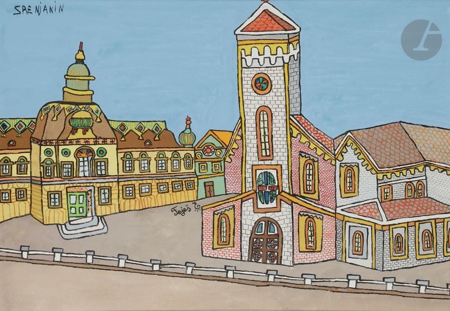 Emerik FEJES (1904-1969)
Serbie, village de Zrenjanin
Gouache.
Signée et située dans la composition.
(Petits plis).
33 x 48 cm