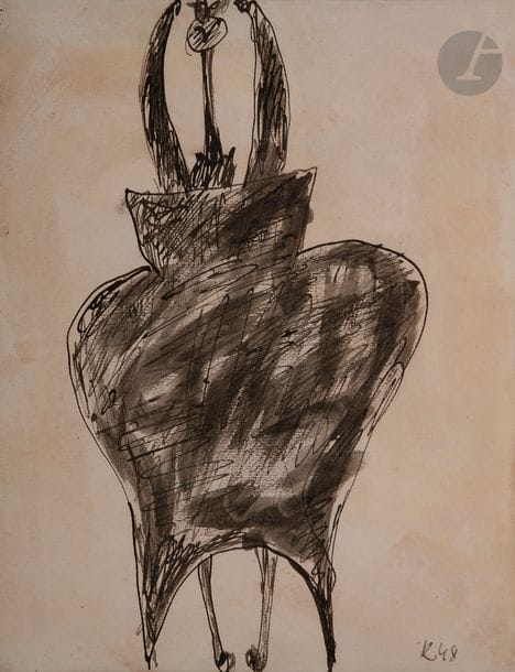 Jan KRIZEK [tchèque] (1919-1985)
Personnage, 1948
Encre sur papier monté sur panneau par l’artiste.
Monogrammée et datée en bas à droite.
Signée au dos sur le panneau de bois.
25 x 20 cm

Provenance :
Famille du peintre Pierre Jaouën, ami de Jan Krizek.

Œuvre en rapport :
Anna Pravdova, Jan Krížek : Chez moi, l’homme ne doit jamais disparaître, éditions Frac Limousin, 2015, n°112, p.77.

On joint : Sculptures de Krizek, Catalogue de l’exposition à la Galerie René Drouin, Paris, 1948.