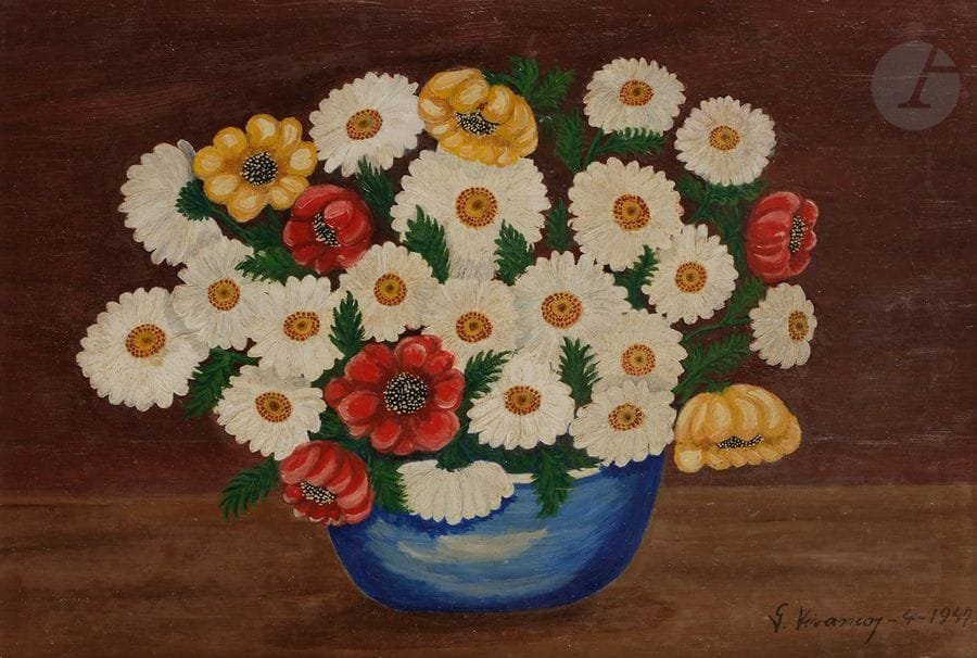 Miguel Garcia VIVANCOS (1895-1972)
Coupe de fleurs, 1947
Huile sur isorel.
Signée et datée en bas à droite.
Signée, datée et dédicacée à Marie Cuttoli au dos.
27.5 x 38 cm

Provenance :
Collection Marie Cuttoli, Paris.

Exposition :
Natures mortes françaises, Galerie Charpentier, Paris, 1951 (étiquette au dos).