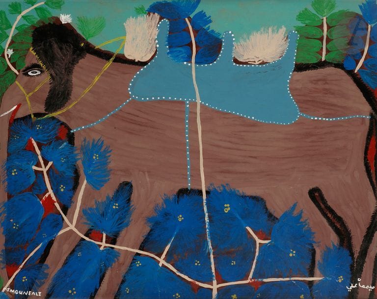 Ali MIMOUNE (né en 1956)
Éléphant
Huile sur isorel.
Signée en bas à gauche. 
Signée en arabe en bas à droite.
56.5 x 71 cm