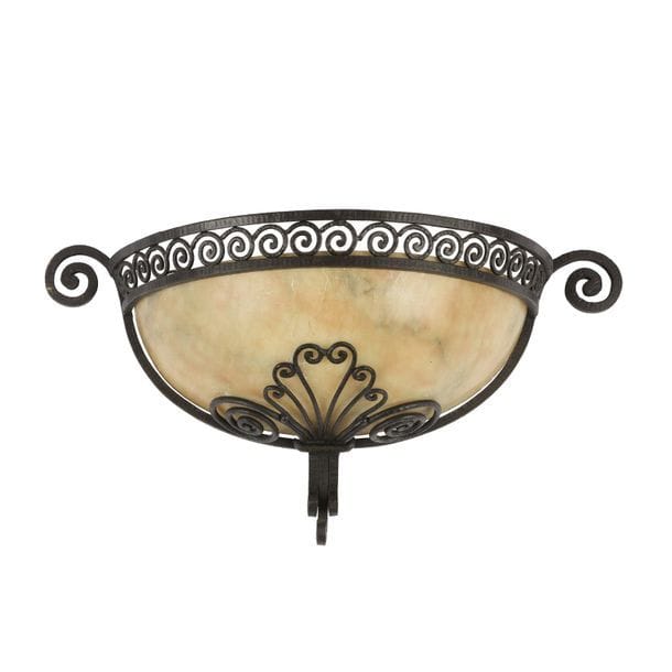 TRAVAIL ART DÉCO
Volutes
Applique demi-lune. La monture en fer forgé et patiné noir, la vasque hémisphérique en albâtre. Griffures sur l'albâtre. H. 16 cm - L. 44 cm
ACCIDENTEE ET RECOLLEE