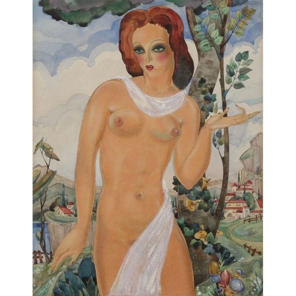 LUCIEN VIROT (1909-2003) 
Femme au paysage, 1941 
Gouache, aquarelle et traits de crayon sur papier. Signé L. VIROT et daté (19)41 en bas à droite. À vue : 44 x 33,5 cm