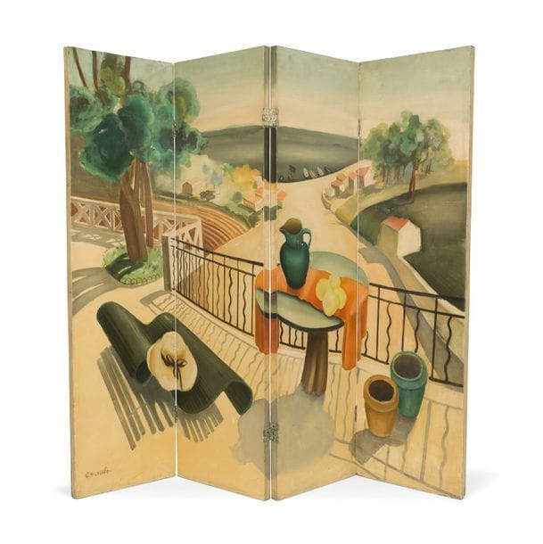 MAURICE ESNAULT (1854-1940) 
Vue cubiste d'une promenade de bord de mer, circa 1935 
Paravent à 4 feuilles. Huile sur panneau. Les dos peints beige uni. Peinture des dos endommagée. Signé ESNAULT en bas à gauche du panneau de gauche, porte une étiquette de l'exposition Peintures cubiste - Petit Palais Genève - Novembre 1972 - Février 1973 - au dos. Chaque feuille : 149 x 40 cm