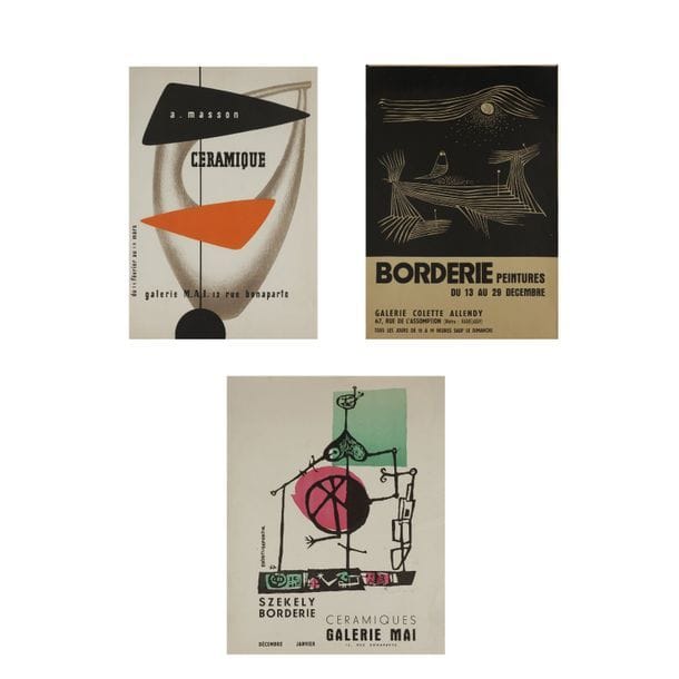 GALERIE MAI ET GALERIE COLETTE ALLENDY - 3 AFFICHES D'EXPOSITION DES ANNÉES 1950 
- André MASSON, céramique - Galerie Mai 
Lithographie en couleurs, Mourlot éditeur. Manques et trous à l'angle supérieur gauche. 57 x 40 cm 
- Véra et Pierre SZÉKELY & André BORDERIE, céramiques - Galerie Mai 
Lithographie en couleurs. Infimes petites déchirures et une pliure à l'angle supérieur gauche. 56 x 45 cm. 
- André BORDERIE, peintures - Galerie Colette Allendy 
Lithographie. Petites déchirures éparses et un manque à chaque angle supérieur. 58 x 41 cm