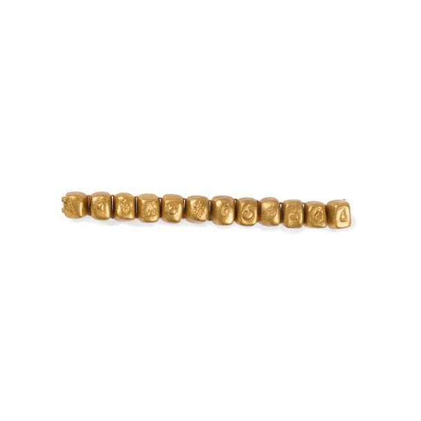 LINE VAUTRIN (1913-1997) 
Fruits dit aussi Les fruits de l'été 
Bracelet. Épreuve en bronze doré. Fin des années 1940. Vendu avec son étiquette d'origine (mention du titre et références). L. 15,5 cm 
 
Provenance : 
Ancienne Collection de M. X., représentant de commerce en bijoux pour l'Asie du Sud à la fin des années 1940. Notre œuvre était un type de collection et ne fut jamais portée.