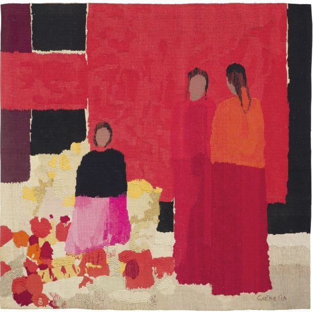 BERNARD CATHELIN (1919-2004) CARTONNIER & ATELIER 3 - LISSIER 
Marché mexicain, exemplaire 4/6 
Tapisserie en laine. Signée CATHELIN dans la trame en bas à droite, porte au dos le bolduc manuscrit contresigné et sur lequel figurent les mentions d'auteur et de titre, les dimensions, le matricule, le nom de lissier et le numéro d'édition 4/6. 220 x 220 cm