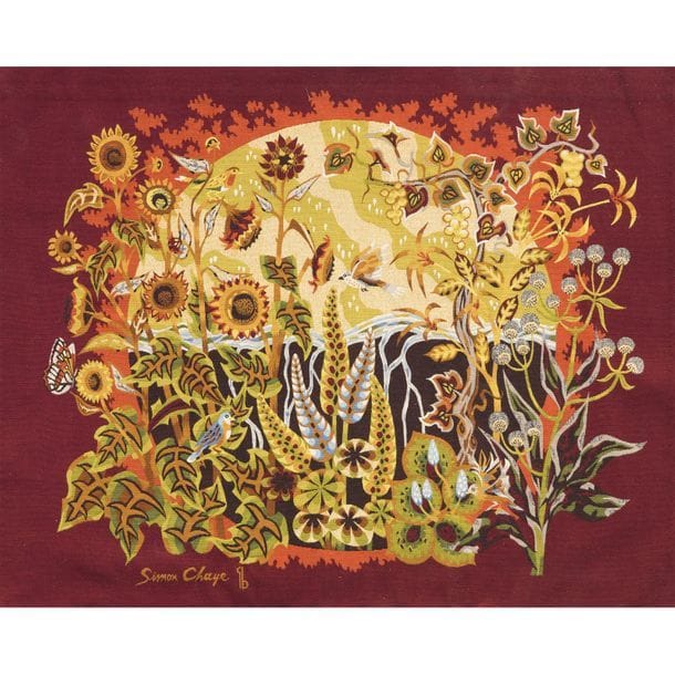 SIMON CHAYE (NÉ EN 1930) CARTONNIER & ATELIER GISÈLE BRIVET À AUBUSSON LISSIER 
Jardin sauvage, Épreuve d'artiste 
Tapisserie. Laines peignées de couleur. Signée Simon CHAYE et porte le monogramme de lissier en bas à gauche dans la trame, marquée E.A. au dos dans la trame, complète de son bolduc au dos contresigné par l'artiste portant les mentions d'artiste, de titre, de tirage, de lissier et de dimensions. 150 x 185 cm