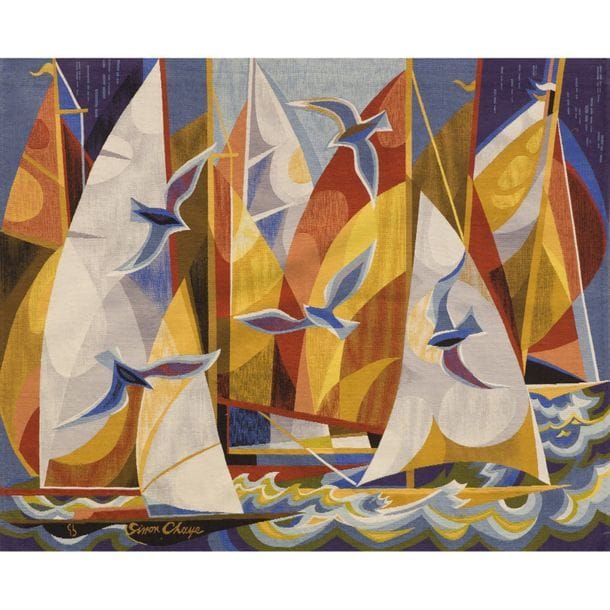 SIMON CHAYE (NÉ EN 1930) CARTONNIER & ATELIER GISÈLE GLAUDIN-BRIVET À AUBUSSON LISSIER 
Régates, n°2/6 
Tapisserie. Laines peignées de couleur. Signée Simon CHAYE et porte le monogramme de lissier en bas à gauche dans la trame, numérotée 2/6 au dos dans la trame, complète de son bolduc au dos contresigné par l'artiste portant les mentions d'artiste, de titre, de tirage, de lissier et de dimensions. 157 x 193 cm
