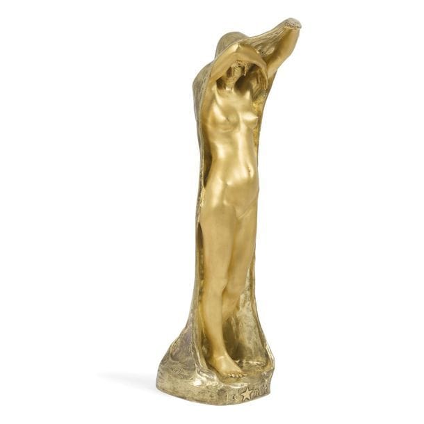 HARALD SÖRENSEN-RINGI (1872-1912) 
La Nuit 
Sculpture. Épreuve en bronze doré. Fonte d'édition ancienne. Signée H. SORENSEN RINGI et porte la marque du ciseleur LOUCHET sur la terrasse, titrée en façade. H. 65 cm