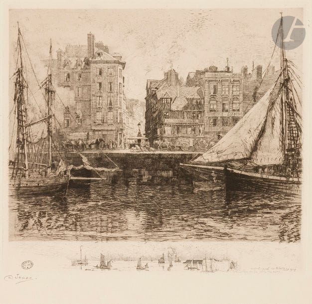 Charles Jouas (1866-1942) 
Avant-port du Havre, démolition de la jetée du nord. 1905 ; Ancien hôtel des Archevêques de Rouen, cour de Rohan Paris… 1926. Eau-forte. 305 x 273 et 240 x 376. Très belles épreuves sur vélin, signées au crayon. Salissures au verso. Toutes marges. Timbre de la Société Normande de Gravure (Lugt 2300a). Ens. 2 p.